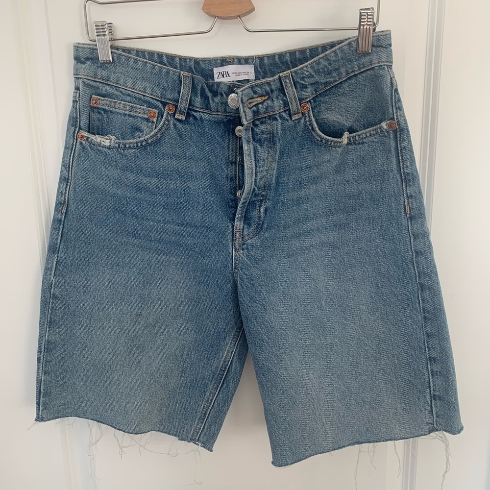 Zara Light Wash Long Denim Button-Fly Shorts